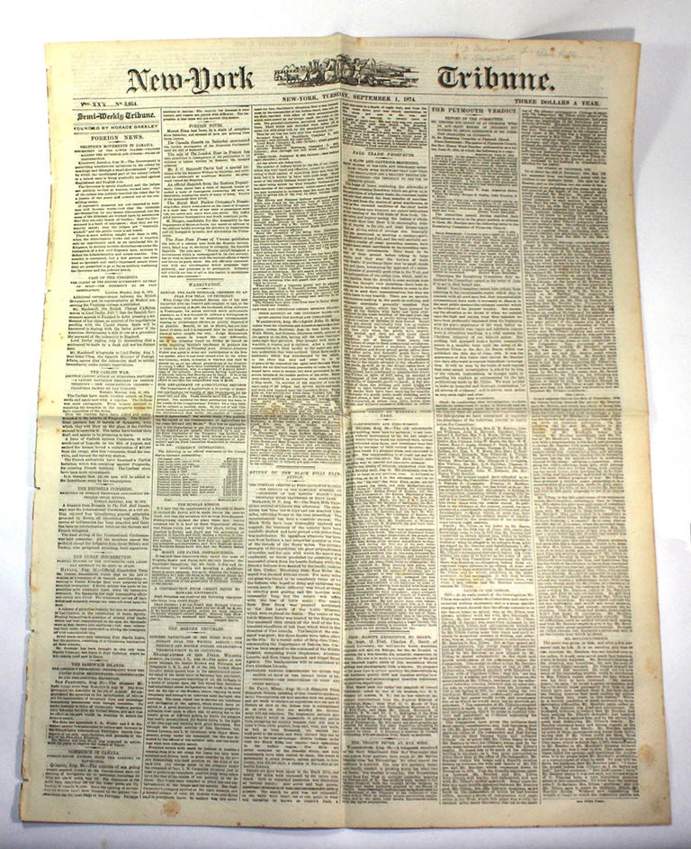 Item #8456 The New-York Semi-Weekly Tribune, Volume XXX, No. 3,054. September 1, 1874. Horace Greeley, Founder.