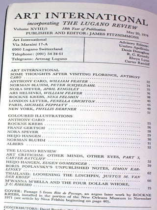 Art International Magazine/The Lugano Review, XVIII/5, May 1974