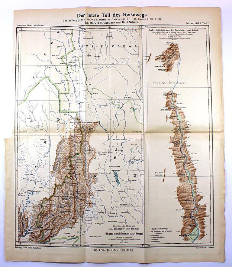 Item #map012 Der letzte Teil des Reisewegs der Anfang Januar 1909 am mittleren Salween in Britisch-Burma ermodeten Dr. Brunhuber und Schmitz [map]. C. Smidt.